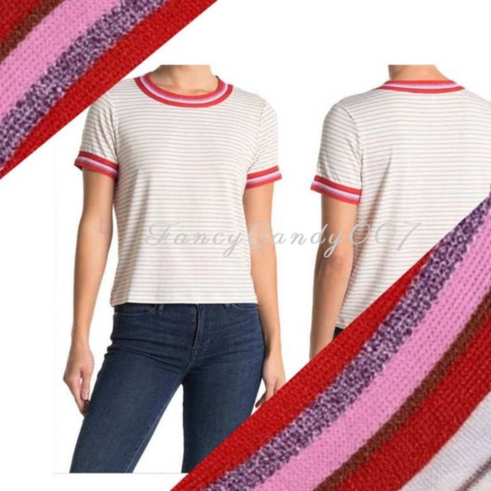 Cupcakes and Cashmere  Quily Striped T-Shirt, Size  L Oatmeal white, pin…